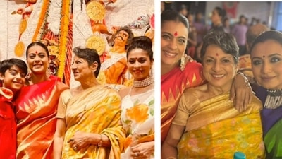 Kajol with Yug Devgn, Tanuja, Tanishaa Mukerji and Rani Mukerji from Durga puja celebrations. Kajol with Yug Devgn, Tanuja, Tanishaa Mukerji and Rani Mukerji from Durga puja celebrations. 