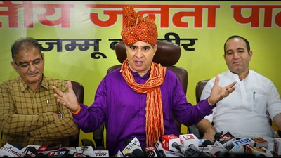 J&K BJP president Ravinder Raina addresses a press conference at the party office in Jammu, Friday. (PTI)