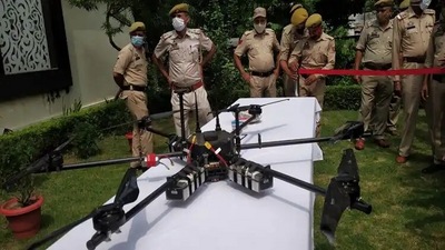 File photo of a drone carrying 5 kg explosive recovered in Akhnoor sector of Jammu File photo of a drone carrying 5 kg explosive recovered in Akhnoor sector of Jammu