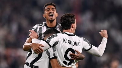 &nbsp;Juventus' Dusan Vlahovic, right, celebrates scoring with teammates (AP)
