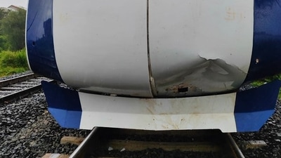 A railway official said the Vande Bharat Express did not sustain major damage, except for a small dent on the nose cone panel. (Source: Twitter)