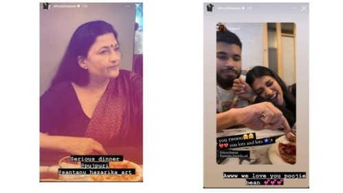 Shruti Haasan shared glimpses from her dinner with mom Sarika and boyfriend Santanu Hazarika on her Instagram Stories.&nbsp;