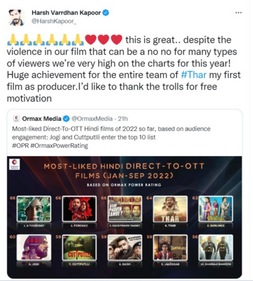 Harsh Varrdhan Kapoor reacts to Thar making it to top 10 Hindi OTT releases list, Harsh Varrdhan Kapoor reacts to Thar making it to top 10 Hindi OTT releases list,