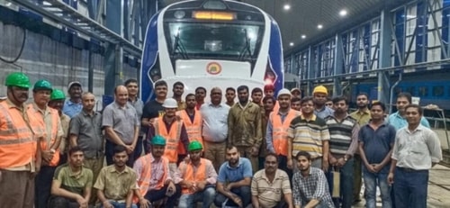 Engineers pose in front of the train after repairing the front part of the Vande Bharat train. Engineers pose in front of the train after repairing the front part of the Vande Bharat train. 