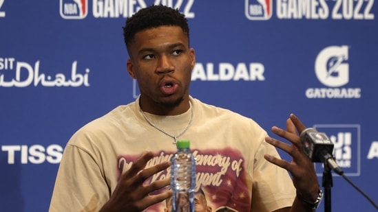NBA star Giannis Antetokounmpo attends a press conference.(AFP)