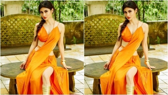 Mouni looked picture-perfect as she posed for the outdoor photoshoot and showed off her post-Durga Puja attire for her fans.(Instagram/@imouniroy)