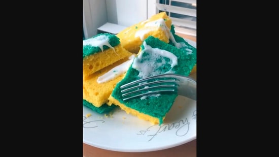 The image, taken from the Instagram video, shows a cake that looks like a pile of dishwashing sponges.(Instagram/@makanterusss)