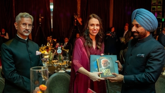 Prime Minister of New Zealand Jacinda Ardern and NID Foundation chief patron Satnam Singh Sandhu unveiled two booksin New Zealand. (HT Photo)