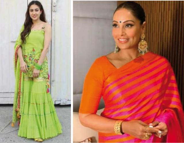 (Right) Sara Ali Khan and (left) Bipasha Basu wearing vivid, eye-catching neons (Right) Sara Ali Khan and (left) Bipasha Basu wearing vivid, eye-catching neons