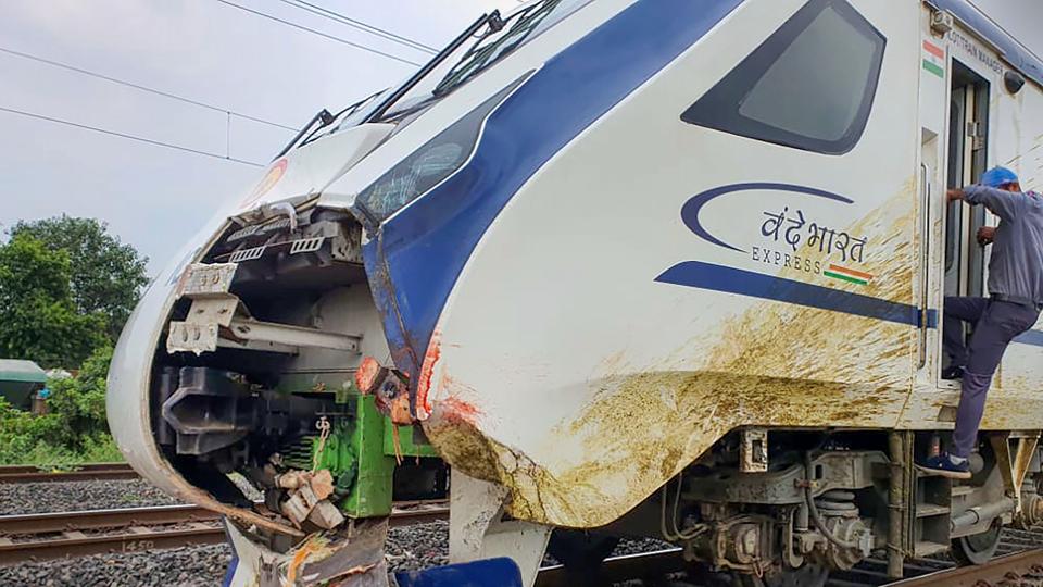 The Vande Bharat Express train suffered damage after it hit cattle on the track. The Vande Bharat Express train suffered damage after it hit cattle on the track. 
