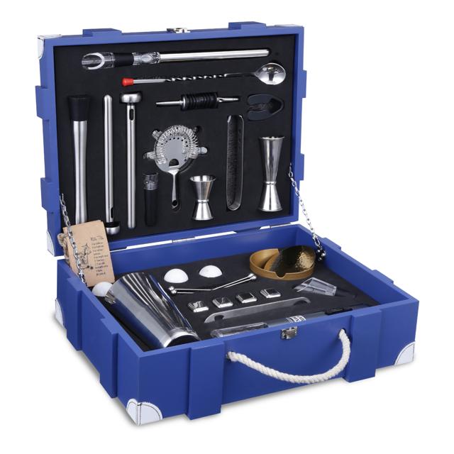 This smart personalised bar set comes fully loaded for you to become the best in house mixologist and bar tender. (The 36 piece bartender wooden crate in vintage blue by Bar Box) This smart personalised bar set comes fully loaded for you to become the best in house mixologist and bar tender. (The 36 piece bartender wooden crate in vintage blue by Bar Box)