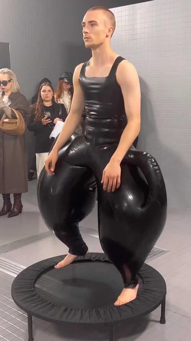 A model dons the infamous inflatable latex trousers from Harri KS’s graduate collection at London Fashion Week (Photo: Instagram) A model dons the infamous inflatable latex trousers from Harri KS’s graduate collection at London Fashion Week (Photo: Instagram)