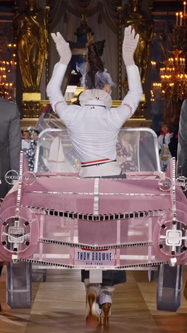 Thom Browne showcased a play on Cinderella with a model walking between a modern-day carriage at Paris Fashion Week (Photo: Instagram) Thom Browne showcased a play on Cinderella with a model walking between a modern-day carriage at Paris Fashion Week (Photo: Instagram)