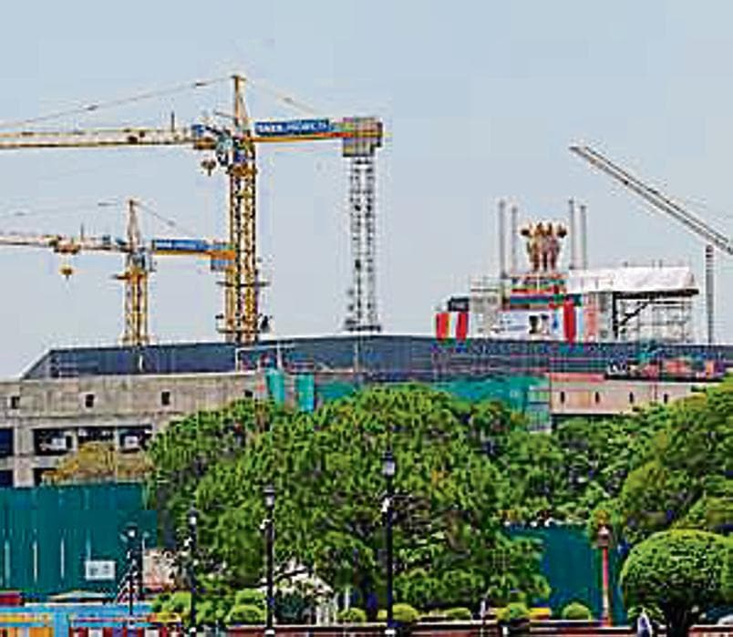 A view of the bronze National Emblem cast on the roof of the new Parliament Building, in New Delhi, India, on Monday, July 11, 2022. (Photo by Amal KS/Hindustan Times)