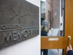 Nobel Peace Prize 2022: People talk near the entrance to human rights group Memorial's office, in Moscow, Russia.(AP File) Nobel Peace Prize 2022: People talk near the entrance to human rights group Memorial's office, in Moscow, Russia.(AP File)