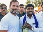 Congress leader Rahul Gandhi with supporters during the party's 'Bharat Jodo Yatra' in Tumakuru district, Karnataka, on Saturday.