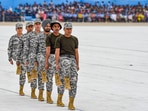 On the occasion of 90th anniversary celebrations of the Indian Air Force, a ceremonial parade was held at the air force station in Chandigarh on Saturday morning.(PTI)