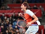 Taylor Fritz of the US celebrates his win over Denis Shapovalov of Canada after their men's singles semi final match at the Japan Open Taylor Fritz of the US celebrates his win over Denis Shapovalov of Canada after their men's singles semi final match at the Japan Open