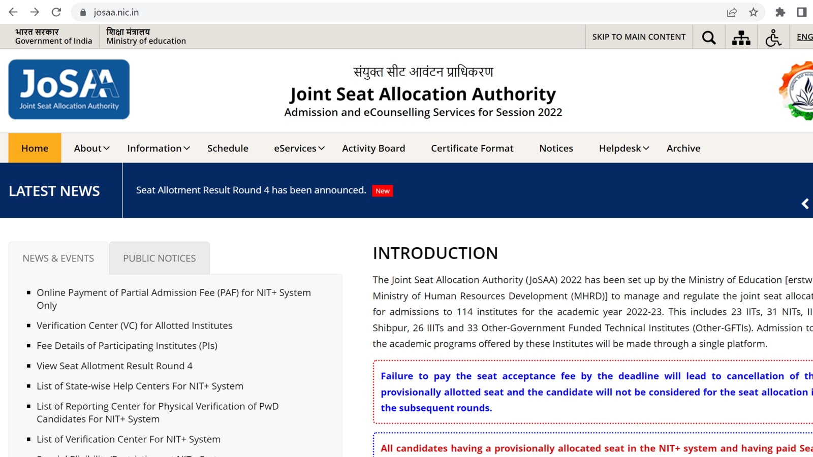 JOSAA round 4 seat allotment result out at josaa.nic.in, direct link