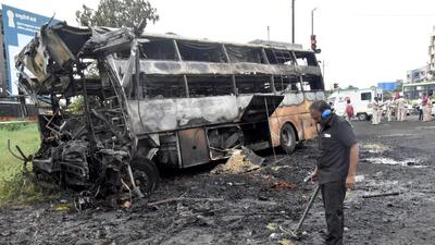 According to police, the accident took place near Nandura Naka at around 5:15 am when the sleeper coach bus of a private tourist operator, Chintamani Travels, collided with a truck carrying coal. (Ravindra Rajput) According to police, the accident took place near Nandura Naka at around 5:15 am when the sleeper coach bus of a private tourist operator, Chintamani Travels, collided with a truck carrying coal. (Ravindra Rajput)
