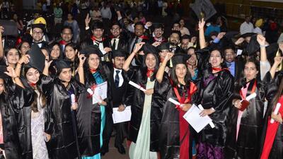 Students in a jubilant mood after receiving their degrees at DMCH’s convocation in Ludhiana. (Harvinder Singh/HT)