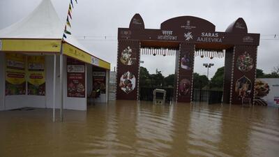 Gurugram, India- October 08: Waterlogging by the stalls inside the Saras Ajeevika Mela at the Leisure Valley ground in Sector 29, in Gurugram, India, on Saturday, October 08, 2022. (Photo by Parveen Kumar/Hindustan Times) Gurugram, India- October 08: Waterlogging by the stalls inside the Saras Ajeevika Mela at the Leisure Valley ground in Sector 29, in Gurugram, India, on Saturday, October 08, 2022. (Photo by Parveen Kumar/Hindustan Times)