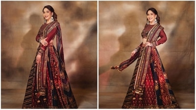 Madhuri Dixit: If you are someone who doesn't like bright red shades then you can pick a deeper shade that is close to the maroon family. This look of Madhuri Dixit is a perfect inspiration for you. (Instagram/@madhuridixitnene) Madhuri Dixit: If you are someone who doesn't like bright red shades then you can pick a deeper shade that is close to the maroon family. This look of Madhuri Dixit is a perfect inspiration for you. (Instagram/@madhuridixitnene)