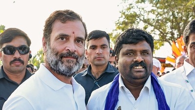 Congress leader Rahul Gandhi with supporters during the party's 'Bharat Jodo Yatra' in Tumakuru district, Karnataka, on Saturday. (PTI) Congress leader Rahul Gandhi with supporters during the party's 'Bharat Jodo Yatra' in Tumakuru district, Karnataka, on Saturday. (PTI)