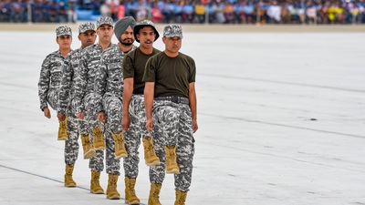 On the occasion of 90th anniversary celebrations of the Indian Air Force, a ceremonial parade was held at the air force station in Chandigarh on Saturday morning. (PTI) On the occasion of 90th anniversary celebrations of the Indian Air Force, a ceremonial parade was held at the air force station in Chandigarh on Saturday morning. (PTI)