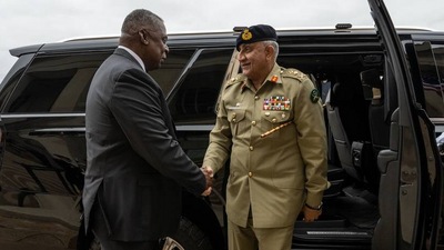 US Defence Secretary Lloyd Austin with visiting Pakistan Army Chief General Qamar Jawed Bajwa. US Defence Secretary Lloyd Austin with visiting Pakistan Army Chief General Qamar Jawed Bajwa.