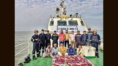 Coast Guard and Gujarat ATS seized heroin worth ₹350 crore from a Pakistani boat in the Arabian Sea, in Gujarat. (PTI) Coast Guard and Gujarat ATS seized heroin worth ₹350 crore from a Pakistani boat in the Arabian Sea, in Gujarat. (PTI)