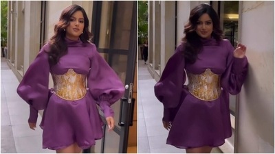 Harnaaz Sandhu poses in a purple mini dress. (Instagram) Harnaaz Sandhu poses in a purple mini dress. (Instagram)