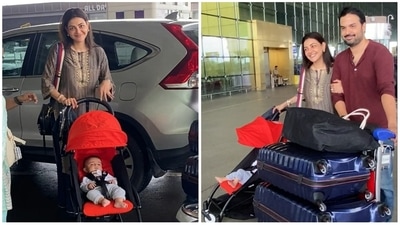 Kajal Aggarwal and husband Gautam Kitchlu were spotted at the Mumbai airport with son Neil. Kajal Aggarwal and husband Gautam Kitchlu were spotted at the Mumbai airport with son Neil. 
