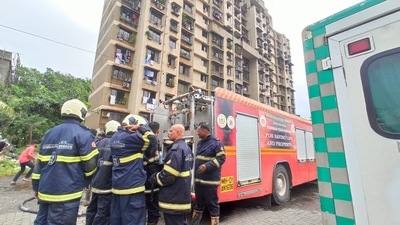 Two fire engines, a jumbo water tanker and an ambulance were sent to the spot and efforts were on to douse the flames, said an official. (HT Photo) Two fire engines, a jumbo water tanker and an ambulance were sent to the spot and efforts were on to douse the flames, said an official. (HT Photo)