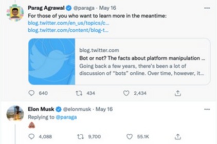 Twitter exchange between Parag Agrawal and Elon Musk. (Twitter:@paraga) Twitter exchange between Parag Agrawal and Elon Musk. (Twitter:@paraga)