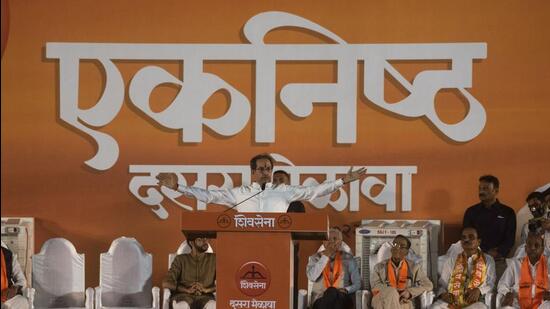 Mumbai, India - October 05, 2022: Shiv Sena chief Uddhav Thackeray addressing the gathering during Dusshera Rally, at Shivaji Park, Dadar, in Mumbai, India, on Wednesday, October 05, 2022. (Photo by Pratik Chorge/Hindustan Times) (Pratik Chorge/HT PHOTO)