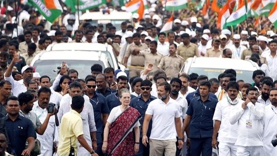 Congress chief Sonia Gandhi with Rahul Gandhi leading the Bharat Jodo Yatra, in Mandya on Thursday. (Congress Twitter/ANI)