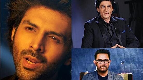 (clockwise) Actors Shah Rukh Khan, Aamir Khan and Kartik Aaryan