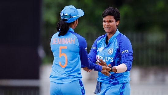 Indian women's team player Deepti Sharma celebrates a wicket during the Women's Asia Cup 2022 cricket match