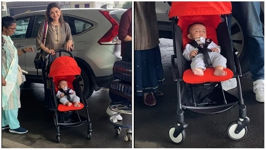 Kajal Aggarwal was seen with son Neil and husband Gautam Kitchlu at the Mumbai airport. The actor is currently working on Indian 2 and has few other Tamil films in her kitty. (Varinder Chawla)
