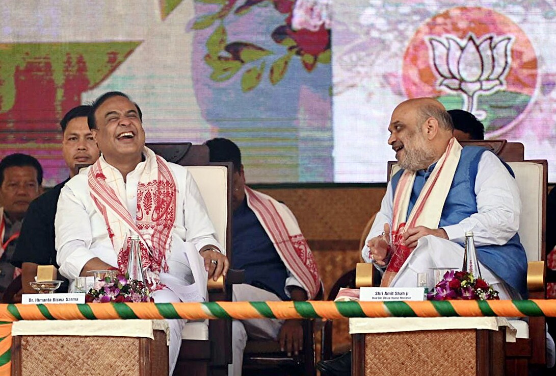 Union home minister Amit Shah with Assam chief minister Himanta Biswa Sarma at Khanapara ground in Guwahati on Saturday. (ANI)