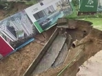 Large portion of road caves in under Bisrakh police station limits in Greater Noida West.(ANI) Large portion of road caves in under Bisrakh police station limits in Greater Noida West.(ANI)