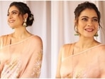 Kajol poses in a blush pink organza saree and sleeveless blouse. (Instagram) Kajol poses in a blush pink organza saree and sleeveless blouse. (Instagram)
