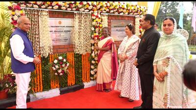 President Droupadi Murmu inaugurating a project in Chandigarh on Sunday. UT administrator Banwarilal Purohit and MP Kirron Kher are also seen. (HT Photo)