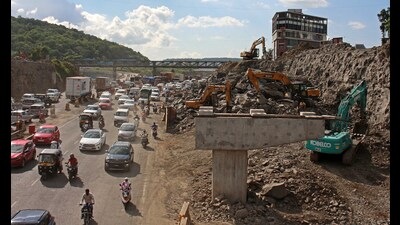 Lane widening work underway at Chandni Chowk on Sunday. (Ravindra Joshi/HT PHOTO)