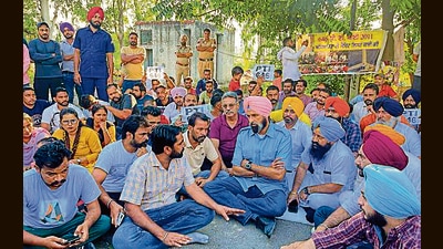 Physical training instructors protesting in Mohali over their demand for government jobs on Sunday. (HT Photo)