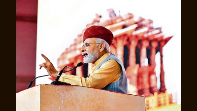 Prime Minister Narendra Modi at Modhera village on Sunday. (ANI) Prime Minister Narendra Modi at Modhera village on Sunday. (ANI)