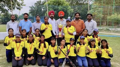 GSSS Gill girls in a jubilant mood after recording victory in the 13th Junior Baseball Championship held in Ludhiana. (HT PHOTO)