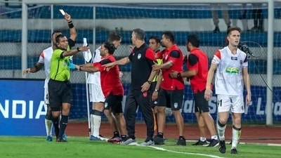 NorthEast United coach and support staffs involve in a heated argument with linesman after a controversial offside decision NorthEast United coach and support staffs involve in a heated argument with linesman after a controversial offside decision 