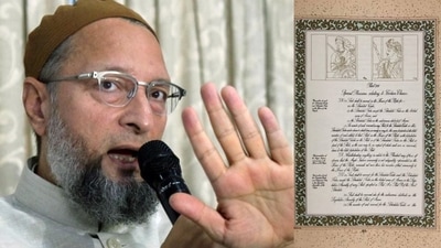 AIMIM chief Asaduddin Owaisi posted a picture of the original illustrated copy of Constitution of India. AIMIM chief Asaduddin Owaisi posted a picture of the original illustrated copy of Constitution of India.